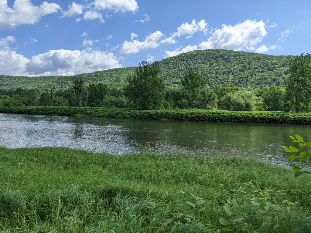 A lush green hill in the background of the Delaware River