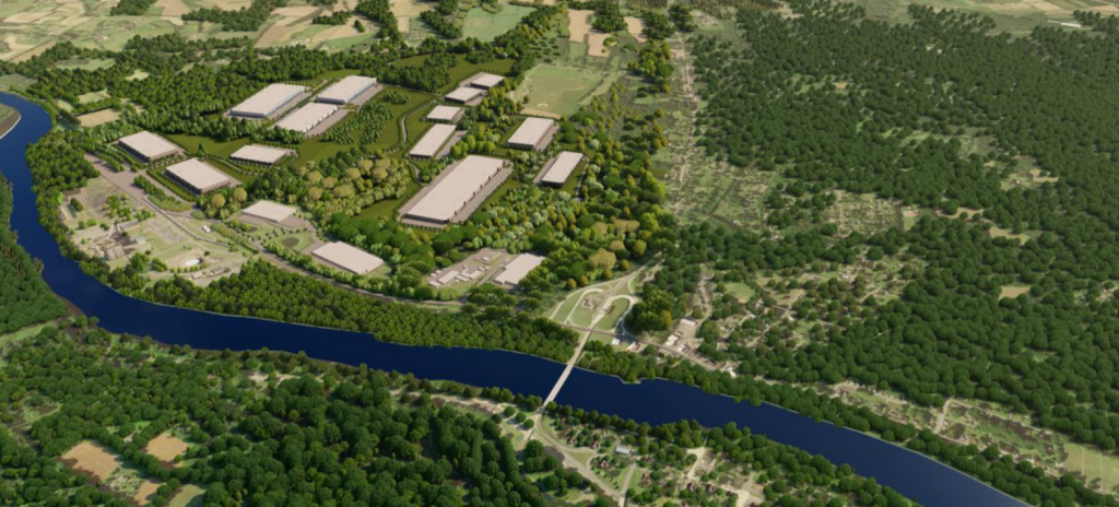 An aerial view of a rendering of 16 large buildings near the Delaware River.