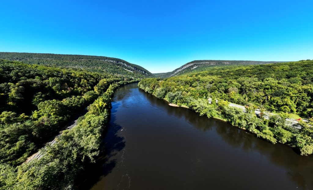 An aerial view of the Delaware Water Gap looking toward the north. Photo by Keith Stevenson/Stevenson Aerial and Virtual Imaging