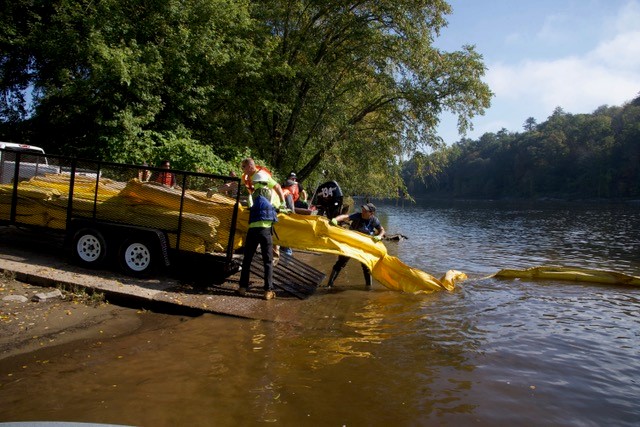 Responders deploying booms as part of a drill on the Upper Delaware in October 2023. Photo courtesy of U.S. EPA