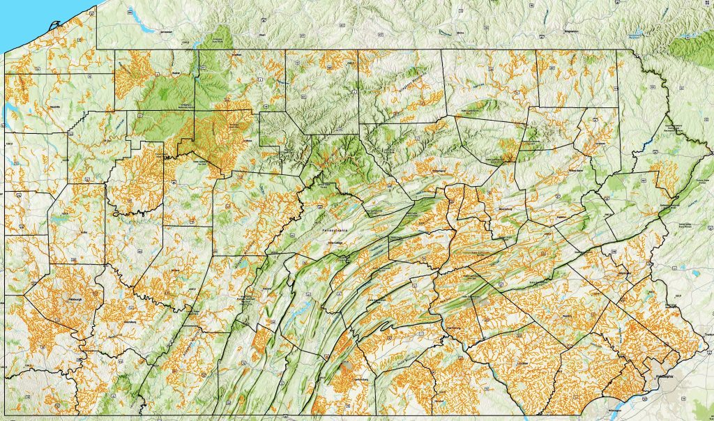 Orange is the new black: The arteries depicted in orange on the map of Pennsylvania are streams that are considered impaired, according to a new report. That is, they were too polluted to meet federal clean water standards. Photo from Pennsylvania Department of Environmental Protection 