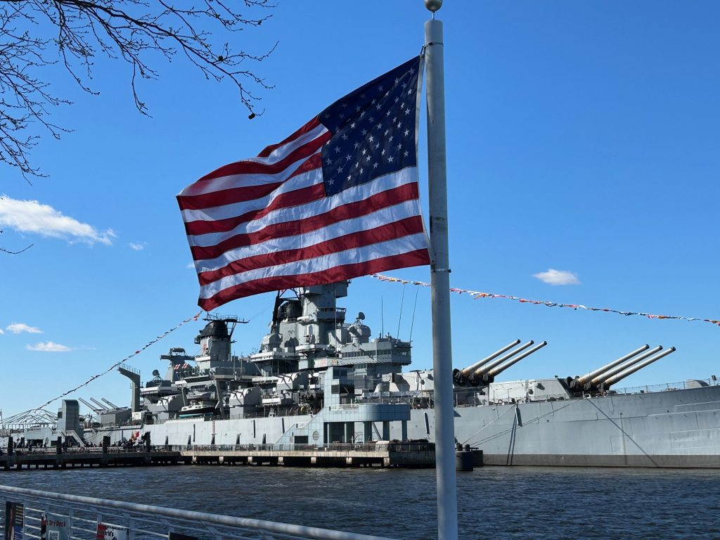 The USS New Jersey in Camden before its sendoff to dry dock on Thursday.