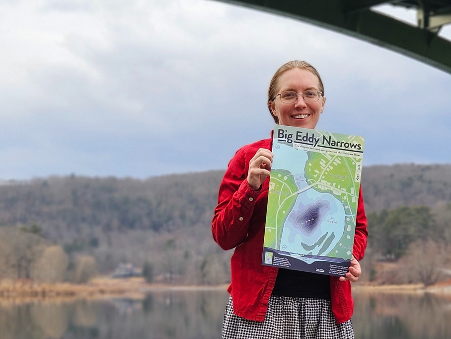 Lisa Glover with a new and improved map that she created that more accurately depicts the deepest point of the Delaware River in Narrowsburg, N.Y.