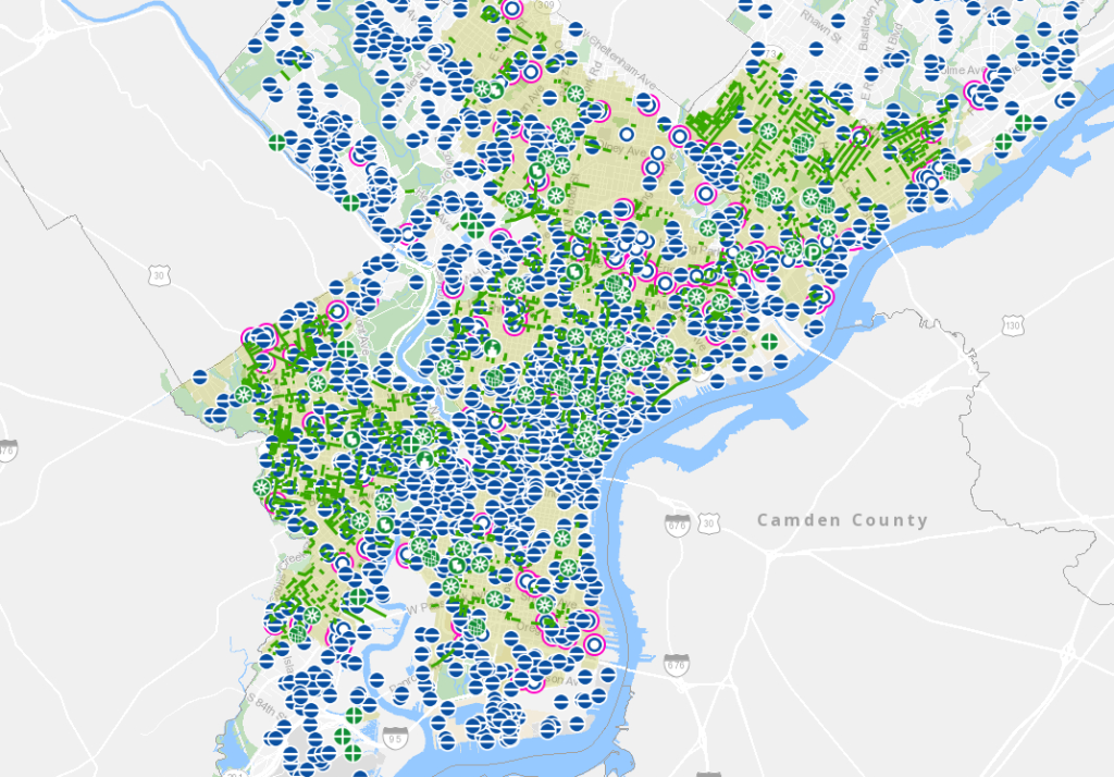 A screenshot of a map of green infrastructure installed throughout Philadelphia as part of the Water Department's "GreenCity, Clean Waters" program, which aims to reduce stormwater pollution by 85 percent by 2036. The color-coded symbols represent different types and and locations of green stormwater infrastructure. SOURCE: PWD