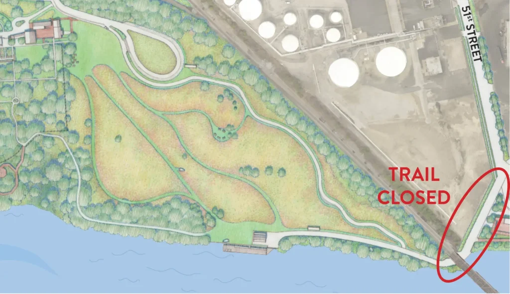 This map indicates where a part of a trail at Bartram's Garden has been closed after the discovery of contamination from a nearby property. GRAPHIC FROM BARTRAM'S GARDEN