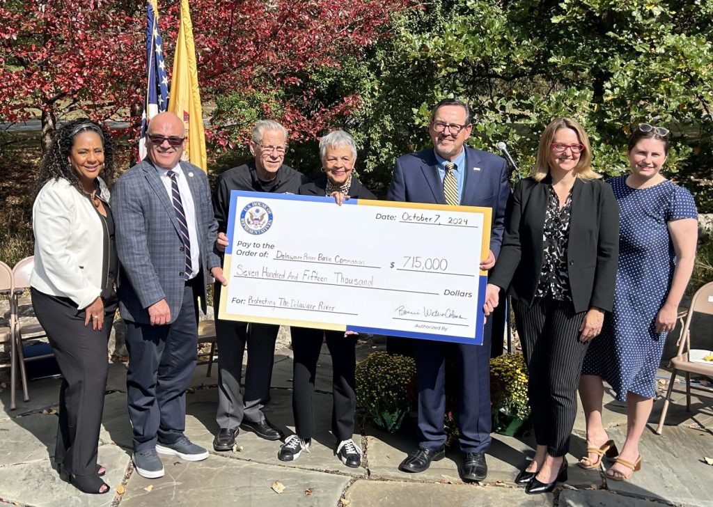 From L to R: N.J. Assemblywoman Verlina Reynolds-Jackson (NJ-15), Trenton Mayor W. Reed Gusciora, Ewing Township Mayor Bert H. Steinmann, U.S. Congresswoman Bonnie Watson Coleman (NJ-12), DRBC Exec. Director Steve Tambini, DRBC Deputy Exec. Director Kristen Bowman Kavanagh and N.J. Department of Environmental Protection Deputy Commissioner Jane Rosenblatt Birkhofer. PHOTO BY THE DRBC.
