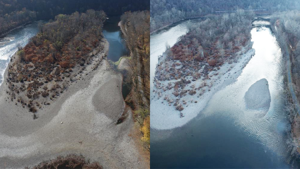 <strong>Left:</strong> Raub's Island, south of Carpentersville, Pa., on the Delaware River between Pennsylvania and New Jersey. This is before the recent rains, taken on Nov. 6, 2024. Photo courtesy DRBC.
<br>
<strong>Right:</strong> Raub's Island, south of Carpentersville, Pa., on the Delaware River between Pennsylvania and New Jersey. This is after the recent rains, taken on Nov. 30, 2024. Photo courtesy DRBC.