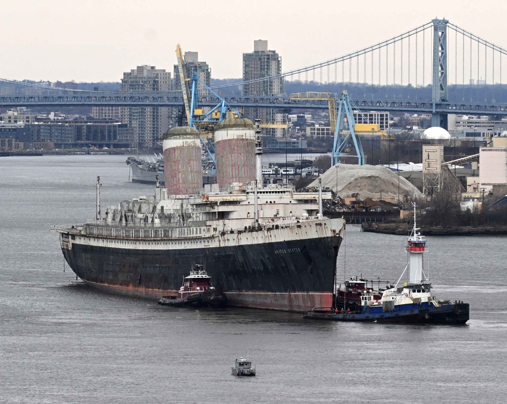 The SS United States being tugged along the Delaware on its final voyage on Wednesday. Photo courtesy Okaloosa County, Fla.