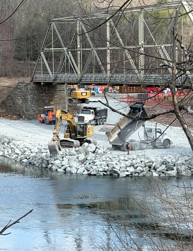 Preparatory work continues in the lead-up to the demolition of the Skinners Falls Bridge, which connects Sullivan County in New York and Wayne County in Pennsylvania. The bridge has long been deteriorating and the subject of efforts by preservationists to save it. Photo: Damascus Citizens for Sustainability