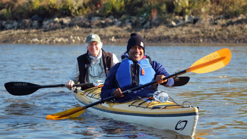 Camden Mayor Victor Carstarphen tries out a kayak with Upstream Alliance President Don Baugh in the stern. Photo by Upstream Alliance