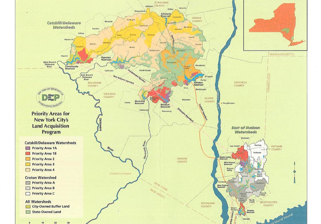 A map depicts the Catskills reservoir watershed and the priority areas for protection.