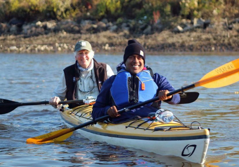 Camden Mayor Victor Carstarphen tries out a kayak with Upstream Alliance President Don Baugh in the stern. Photo by Upstream Alliance