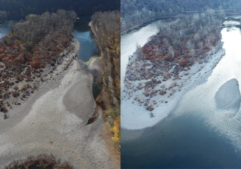 <strong>Left:</strong> Raub's Island, south of Carpentersville, Pa., on the Delaware River between Pennsylvania and New Jersey. This is before the recent rains, taken on Nov. 6, 2024. Photo courtesy DRBC.
<br>
<strong>Right:</strong> Raub's Island, south of Carpentersville, Pa., on the Delaware River between Pennsylvania and New Jersey. This is after the recent rains, taken on Nov. 30, 2024. Photo courtesy DRBC.