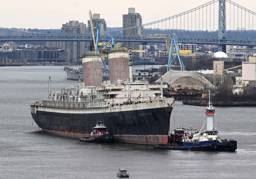 The SS United States being tugged along the Delaware on its final voyage on Wednesday. Photo courtesy Okaloosa County, Fla.