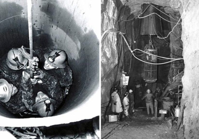 Right: How the existing cavern in Gibbstown looked in 1967 when it was used by its previous owner, DuPont, to store ammonia. If two new caverns are approved by state officials, the three will form the largest underground fuel-storage complex in New Jersey. Left: Workers descending to the cavern in 1967. Photo: NJDEP