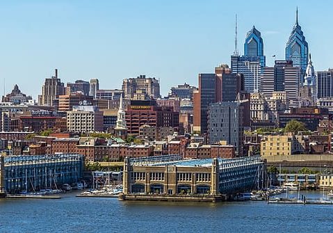 The skyline of Philadelphia, with skyscrapers in the background.