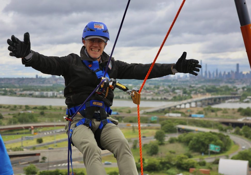 GULP! Yes, that's Sparta, N.J., Mayor Neill Clark, about to rappel down a 21-story building, going "Over the Edge for Clean Water." Photo by Tyler Tierney, Hackensack Riverkeeper.