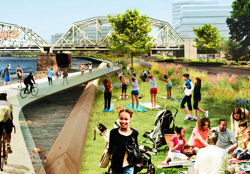 A rendering of a redesigned Route 29 in Trenton for a riverfront boulevard along the Delaware River that would accommodate bikers and recreational users. Photo provided by NJ Future